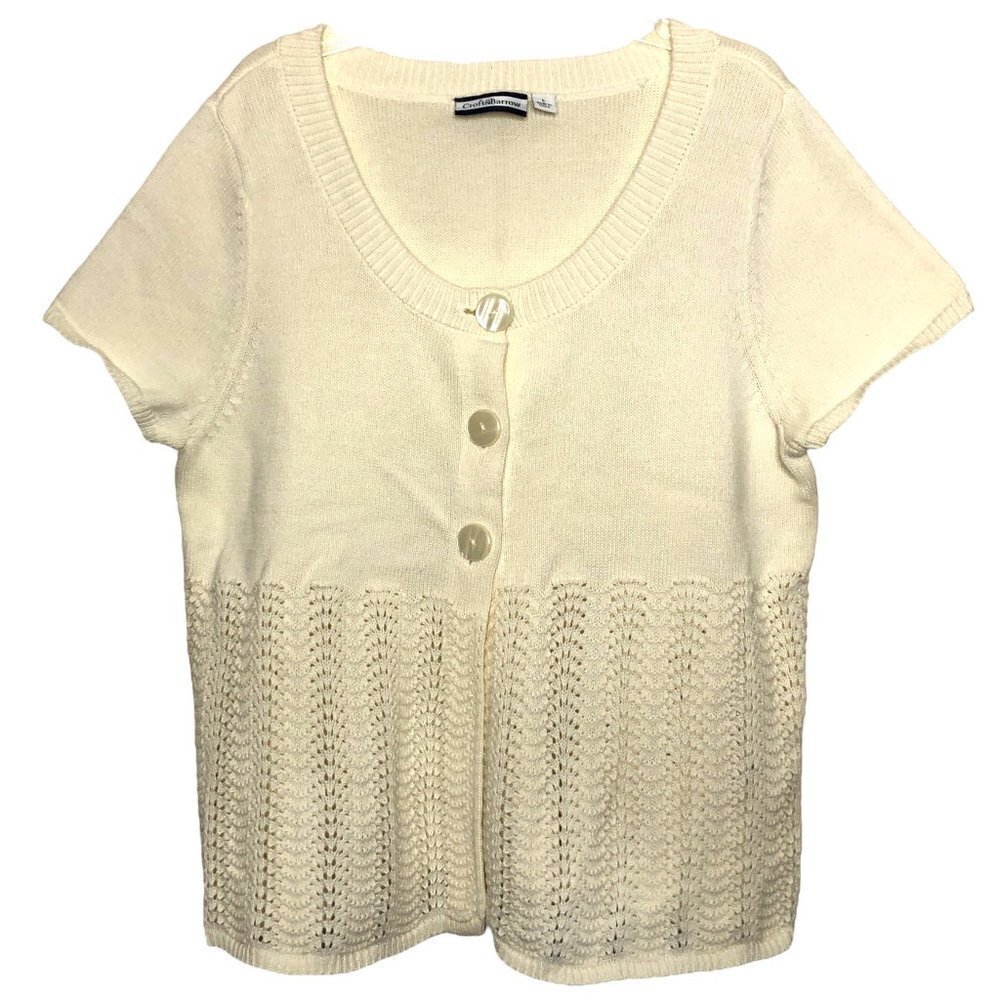 Croft & BARROW - 100% Cotton Ivory Scoop Neck Short Sleeve Cardigan - Size Large